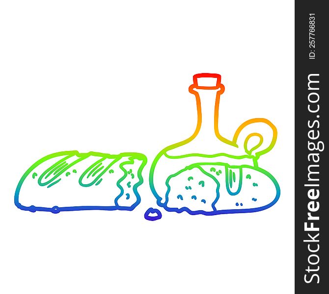 rainbow gradient line drawing of a bread and oil cartoon