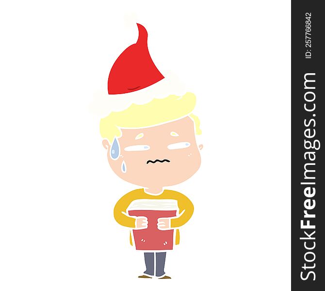 flat color illustration of a anxious boy carrying book wearing santa hat