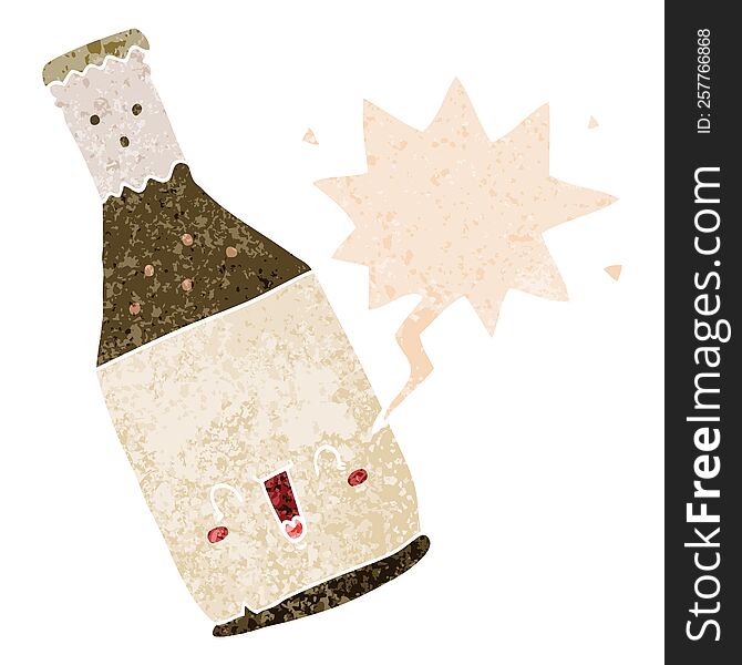 Cartoon Beer Bottle And Speech Bubble In Retro Textured Style