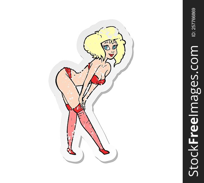 Retro Distressed Sticker Of A Cartoon Pin Up Girl Putting On Stockings