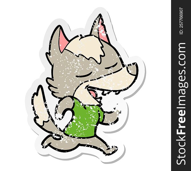 Distressed Sticker Of A Cartoon Running Wolf Laughing