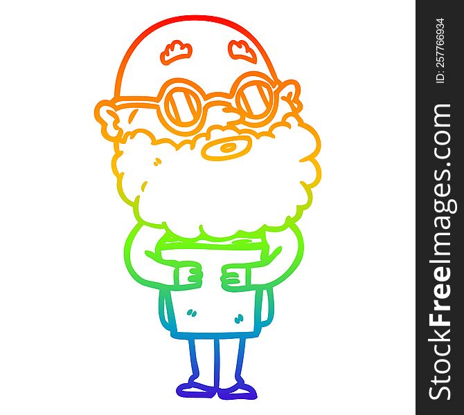 rainbow gradient line drawing of a cartoon curious man with beard and glasses
