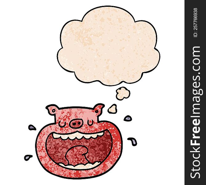 Cartoon Obnoxious Pig And Thought Bubble In Grunge Texture Pattern Style