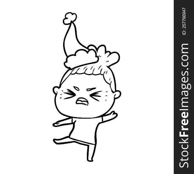 hand drawn line drawing of a angry woman wearing santa hat