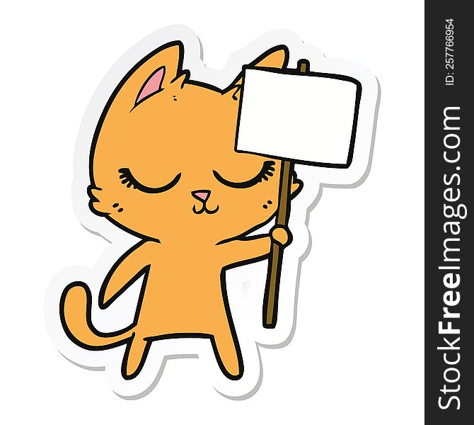 Sticker Of A Calm Cartoon Cat With Placard