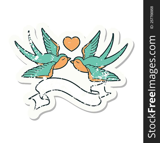 Grunge Sticker With Banner Of A Swallows And A Heart