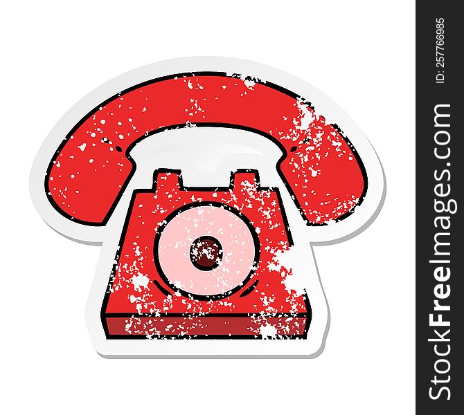 Distressed Sticker Of A Cute Cartoon Red Telephone