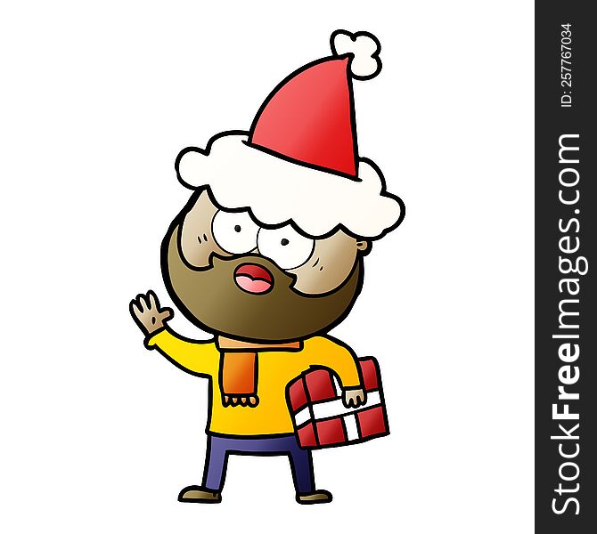 Gradient Cartoon Of A Bearded Man With Present Wearing Santa Hat