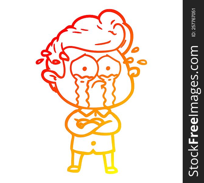 warm gradient line drawing of a cartoon crying man with crossed arms