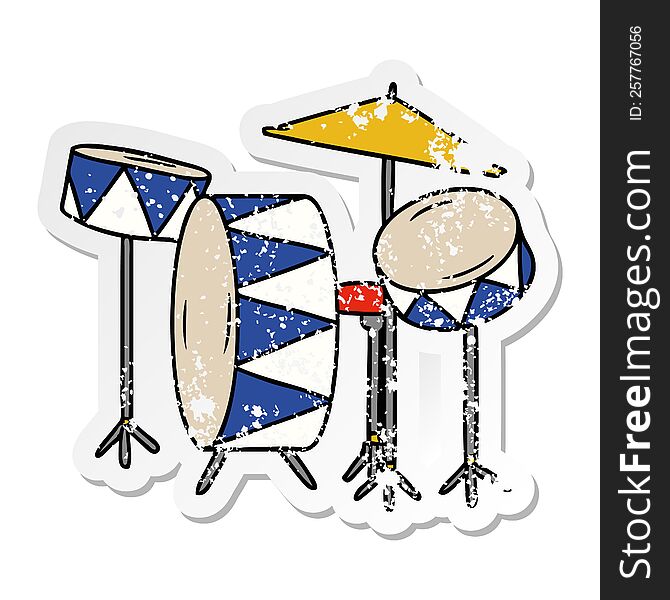 hand drawn distressed sticker cartoon doodle of a drum kit