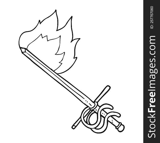 freehand drawn black and white cartoon flaming sword