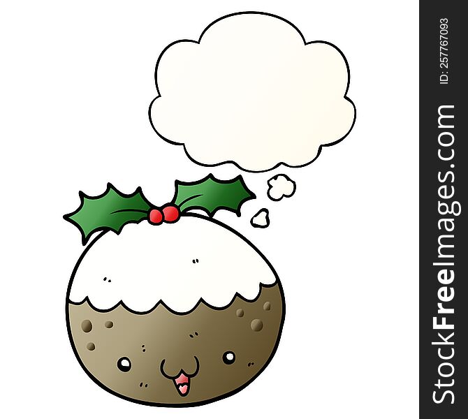 Cute Cartoon Christmas Pudding And Thought Bubble In Smooth Gradient Style