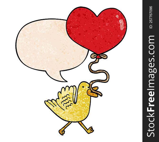 Cartoon Bird And Heart Balloon And Speech Bubble In Retro Texture Style