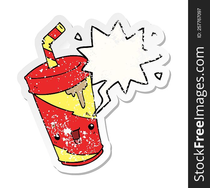 Cute Cartoon Soda And Speech Bubble Distressed Sticker
