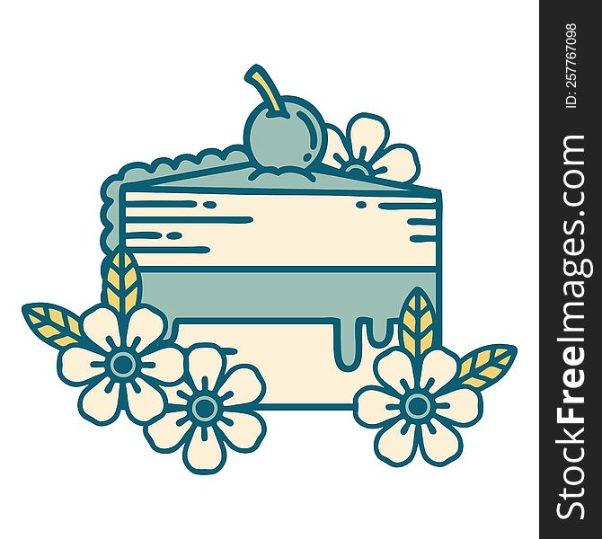 iconic tattoo style image of a slice of cake and flowers. iconic tattoo style image of a slice of cake and flowers