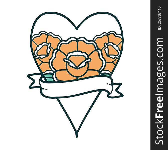 iconic tattoo style image of a heart and banner with flowers. iconic tattoo style image of a heart and banner with flowers
