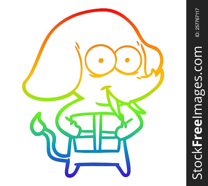 Rainbow Gradient Line Drawing Happy Cartoon Elephant With Present