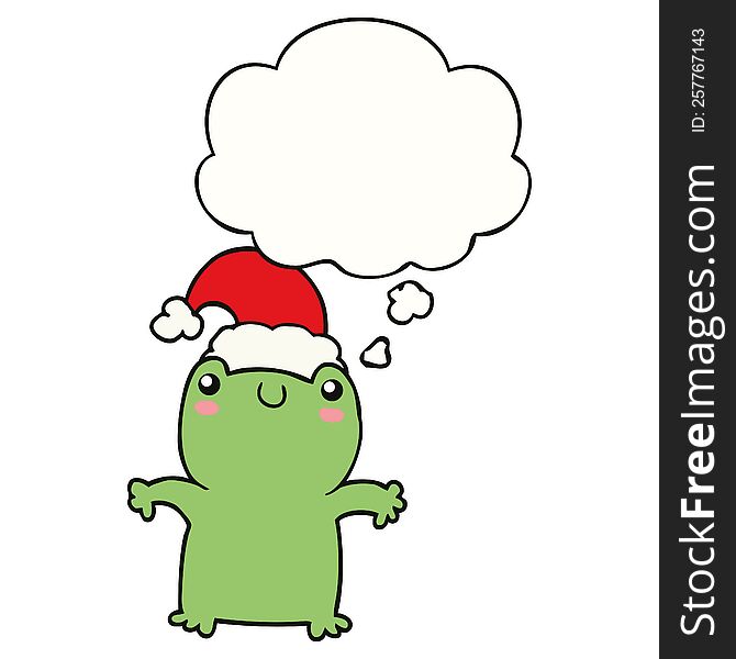 Cute Cartoon Frog Wearing Christmas Hat And Thought Bubble