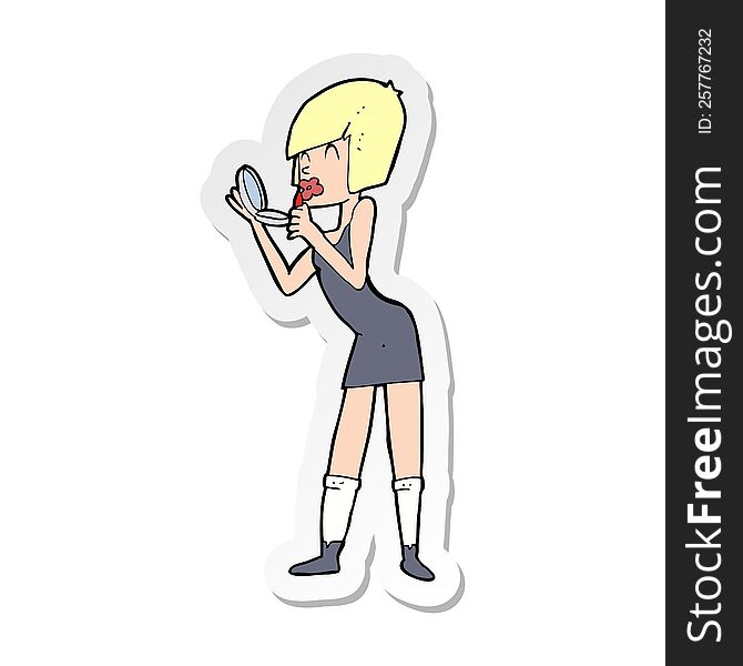 sticker of a cartoon woman applying lipstick