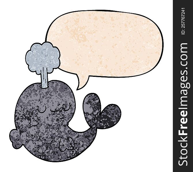 cute cartoon whale with speech bubble in retro texture style