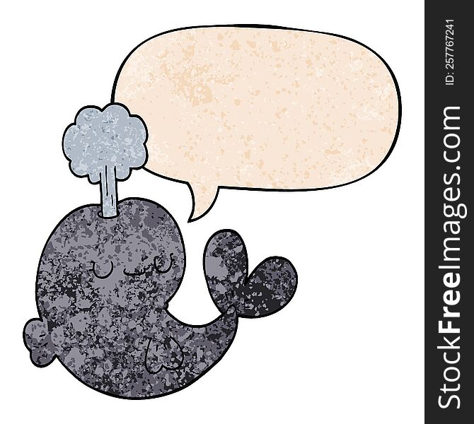 cute cartoon whale and speech bubble in retro texture style