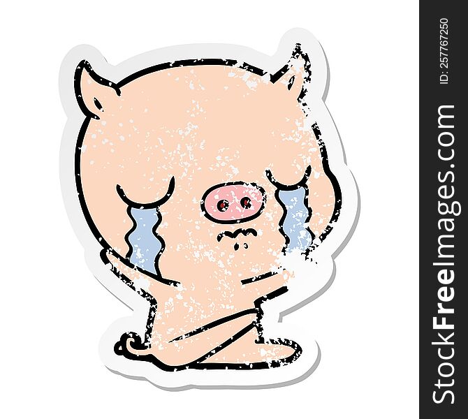 Distressed Sticker Of A Cartoon Sitting Pig Crying