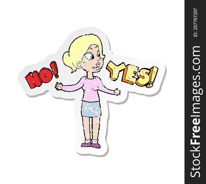 retro distressed sticker of a cartoon woman making choice