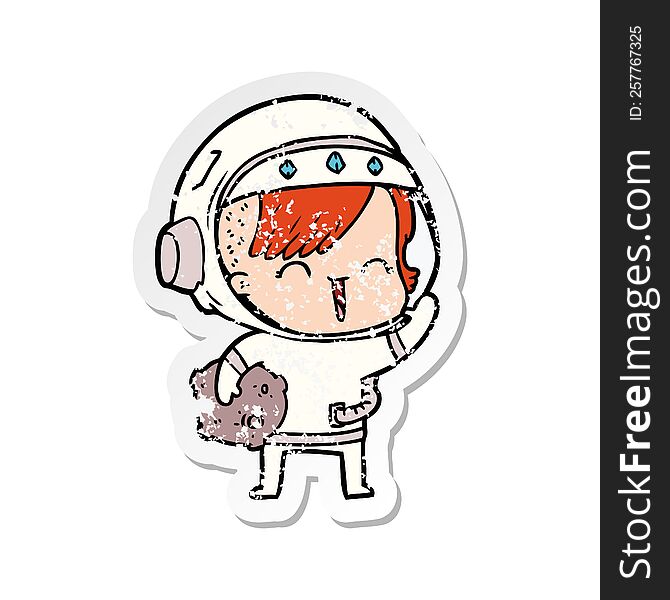 distressed sticker of a cartoon happy spacegirl holding moon rock