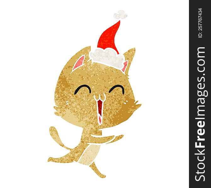 Happy Retro Cartoon Of A Cat Meowing Wearing Santa Hat