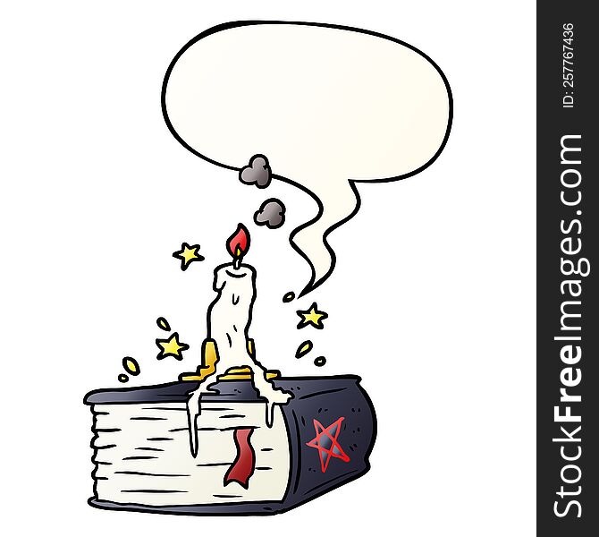 cartoon spooky spellbook with dribbling candle with speech bubble in smooth gradient style