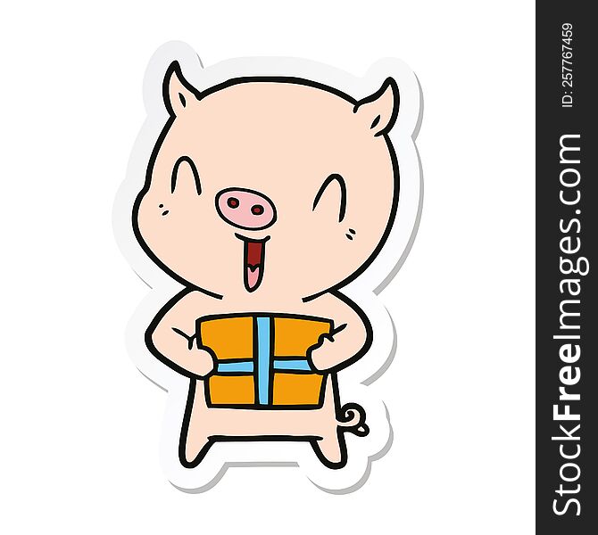 sticker of a happy cartoon pig with xmas present