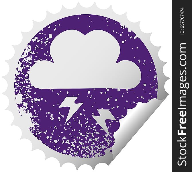 Distressed Circular Peeling Sticker Symbol Thunder Cloud