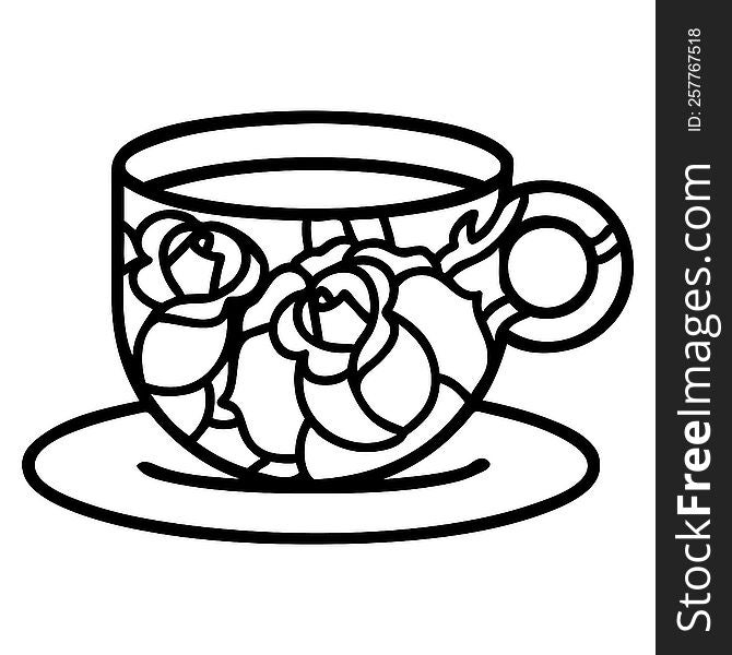 tattoo in black line style of a cup and flowers. tattoo in black line style of a cup and flowers