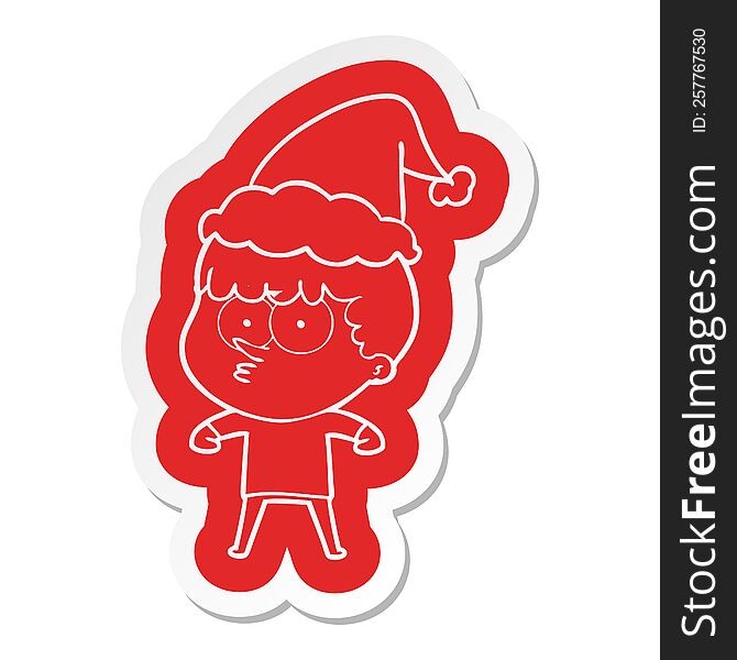 quirky cartoon  sticker of a curious boy wearing santa hat