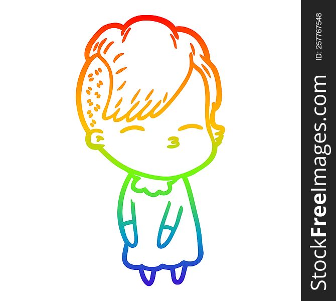 Rainbow Gradient Line Drawing Cartoon Squinting Girl