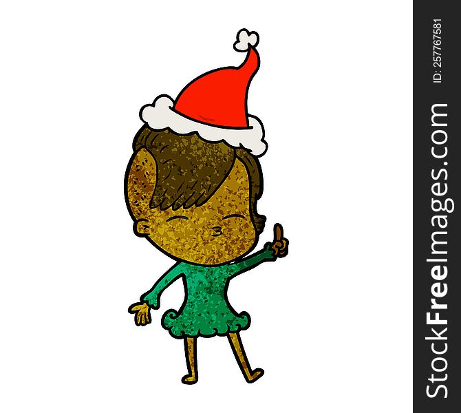 hand drawn textured cartoon of a squinting girl wearing santa hat