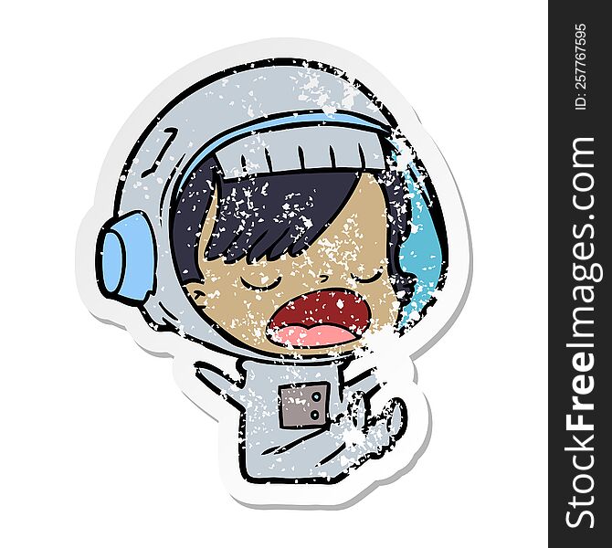 distressed sticker of a cartoon astronaut woman explaining