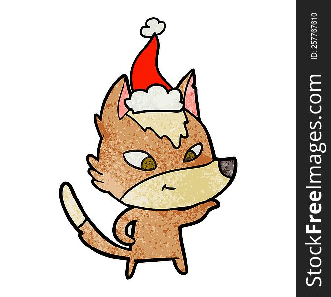 Friendly Textured Cartoon Of A Wolf Wearing Santa Hat