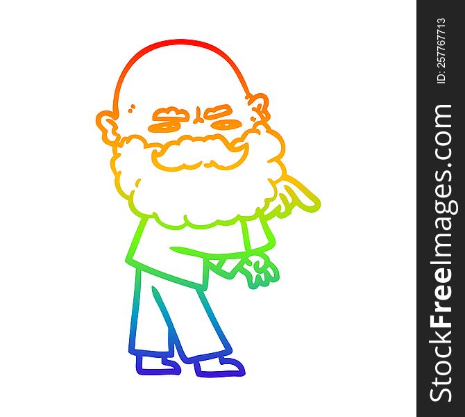 rainbow gradient line drawing of a cartoon man with beard frowning and pointing