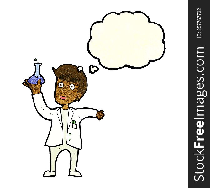 cartoon happy scientist with thought bubble