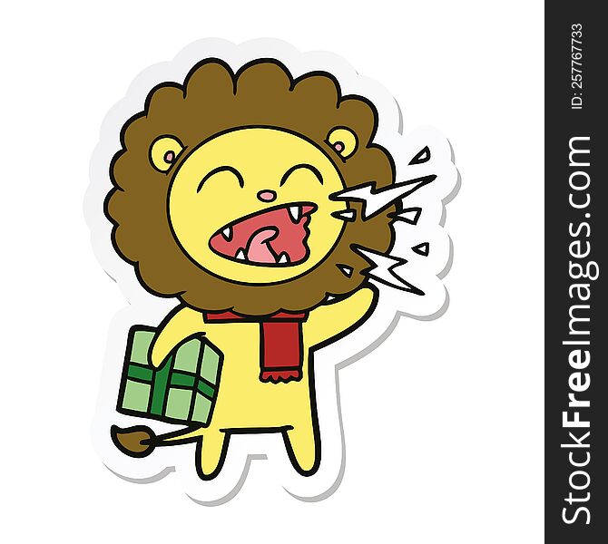 Sticker Of A Cartoon Roaring Lion With Present