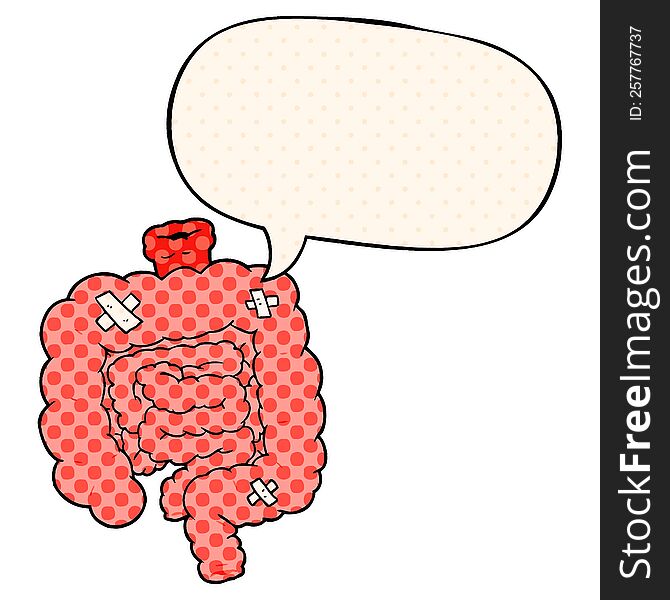 Cartoon Repaired Intestines And Speech Bubble In Comic Book Style