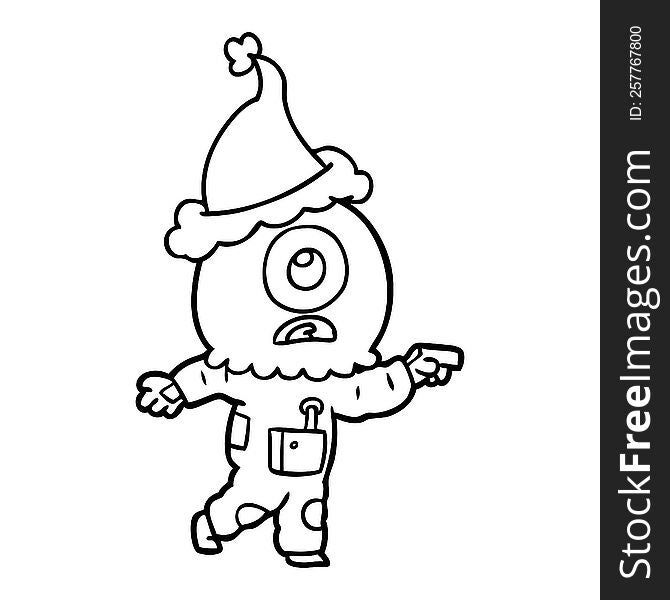 hand drawn line drawing of a cyclops alien spaceman pointing wearing santa hat