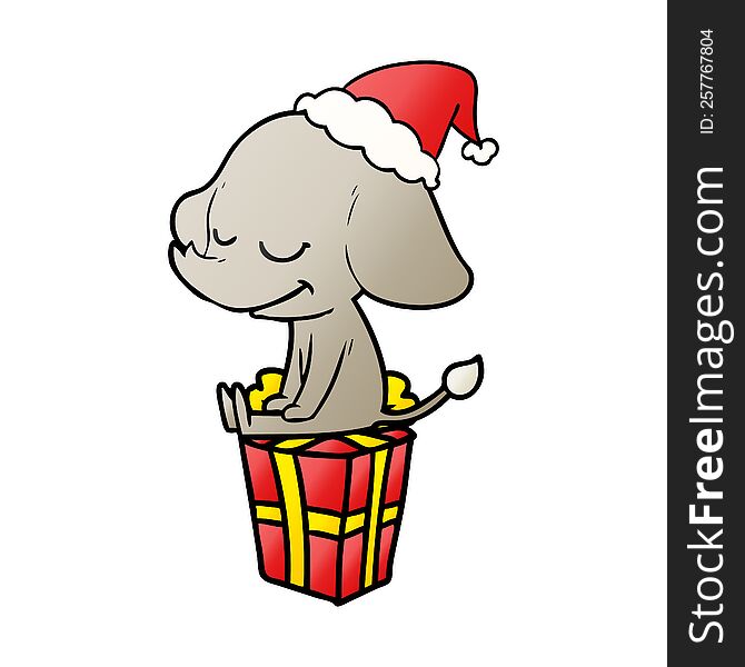 hand drawn gradient cartoon of a smiling elephant wearing santa hat