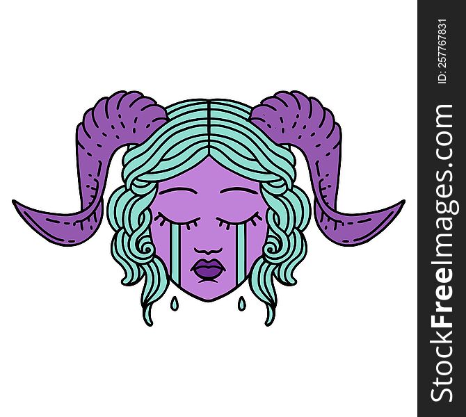 Retro Tattoo Style crying tiefling character face. Retro Tattoo Style crying tiefling character face