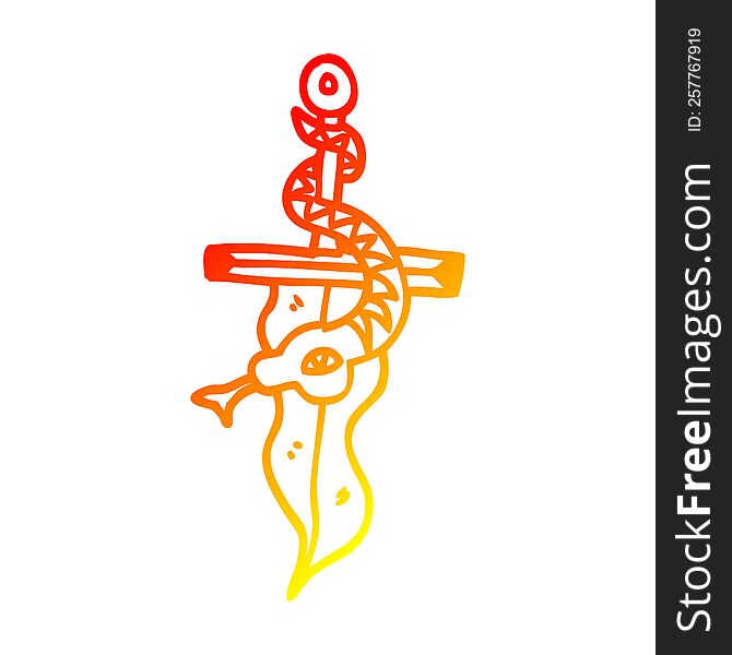 Warm Gradient Line Drawing Cartoon Dagger And Snake Tattoo