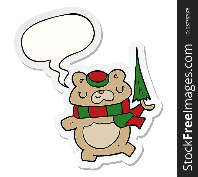cartoon bear with umbrella with speech bubble sticker. cartoon bear with umbrella with speech bubble sticker