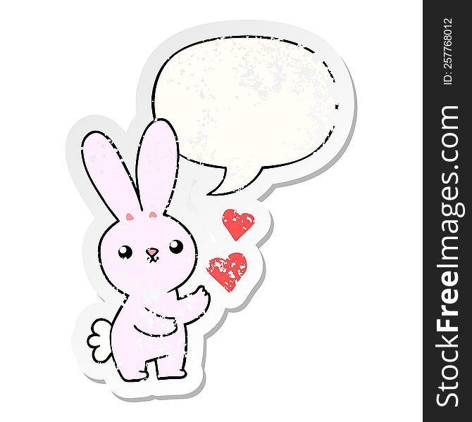 cute cartoon rabbit and love hearts and speech bubble distressed sticker