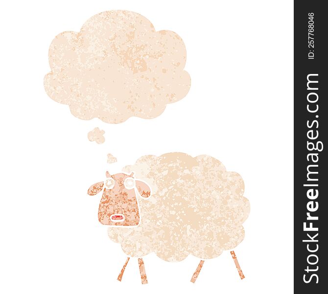 cartoon sheep with thought bubble in grunge distressed retro textured style. cartoon sheep with thought bubble in grunge distressed retro textured style