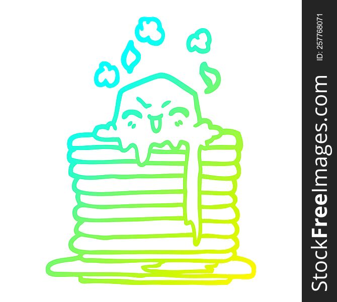 cold gradient line drawing of a cartoon butter melting on pancakes